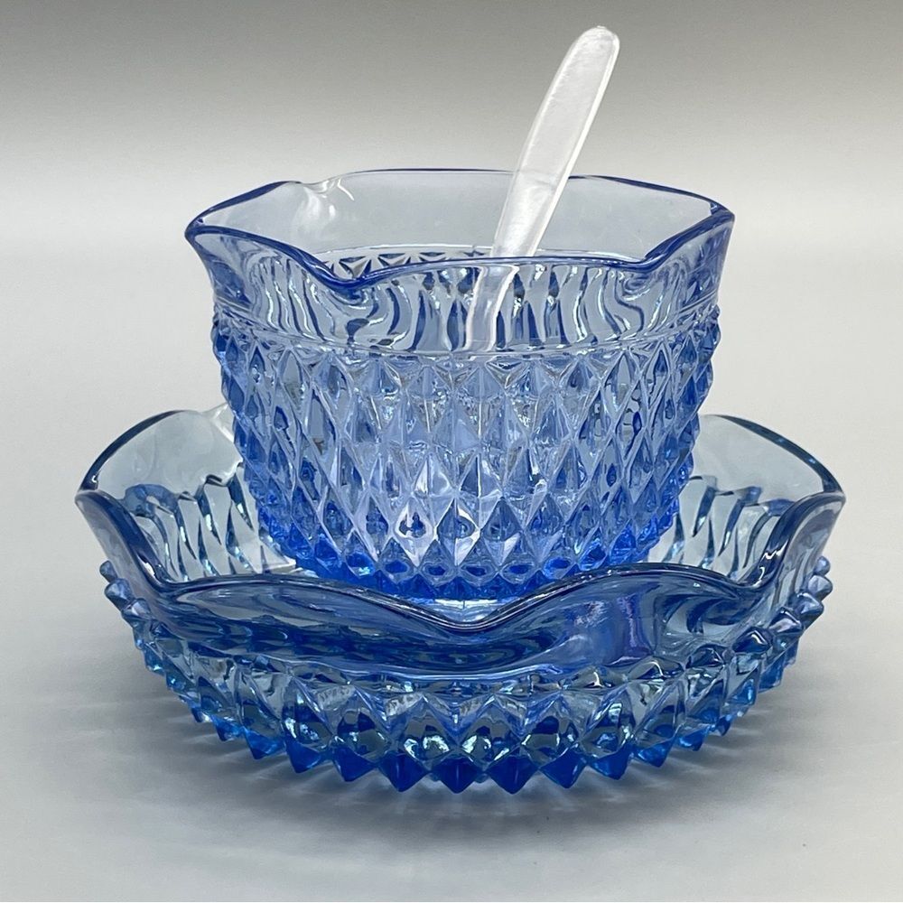 Vintage Indiana Glass Diamond Point Mayo Sauce Set Regal Blue